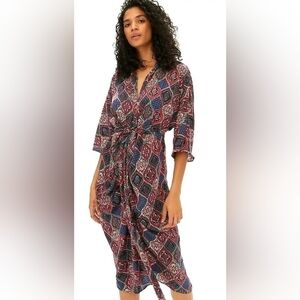 By Anthropologie Women's M  Wrap Midi Dress in Burgundy Multi